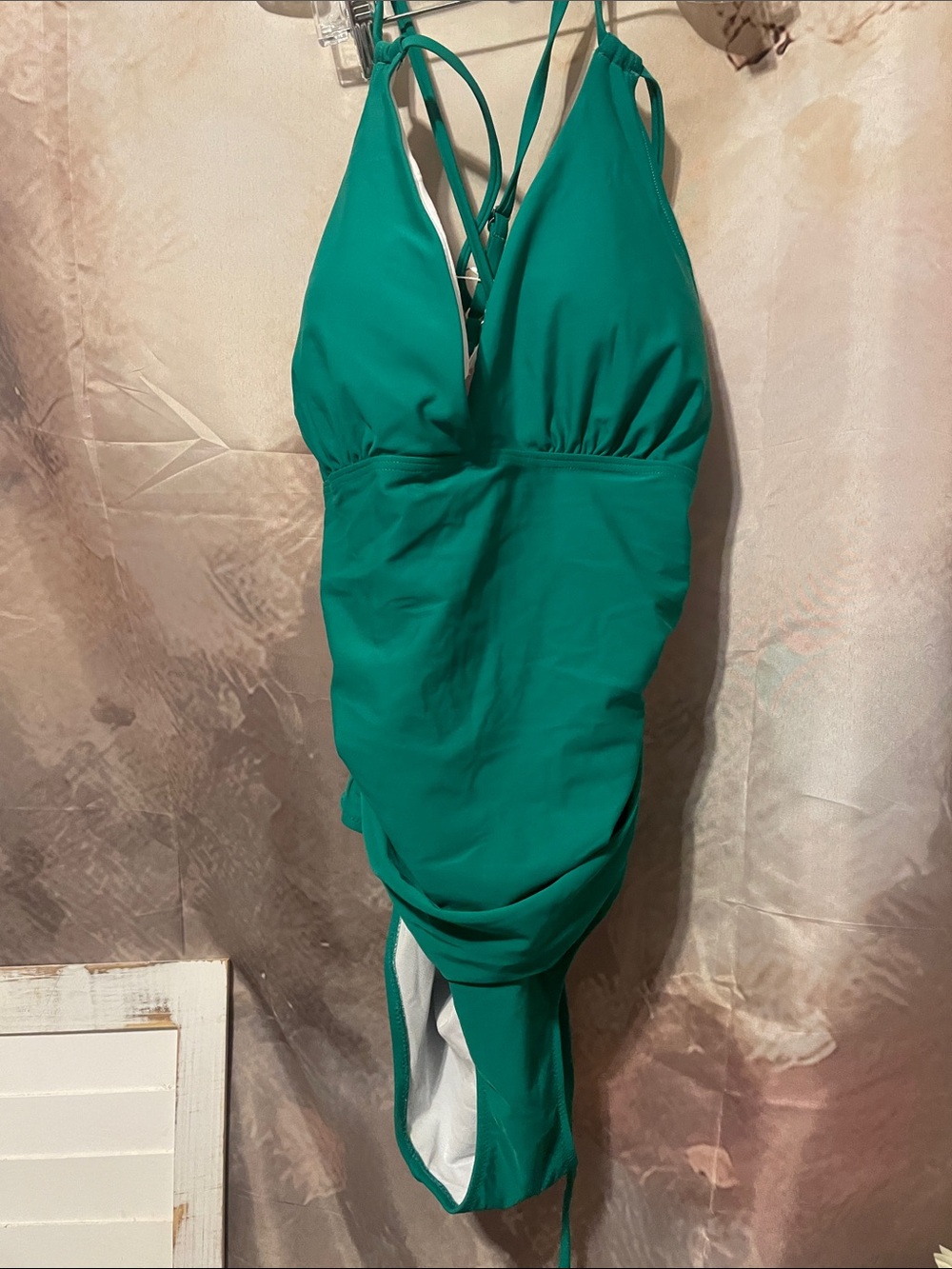 Green One-Piece Swimwear with V-Neck and Strappy Back